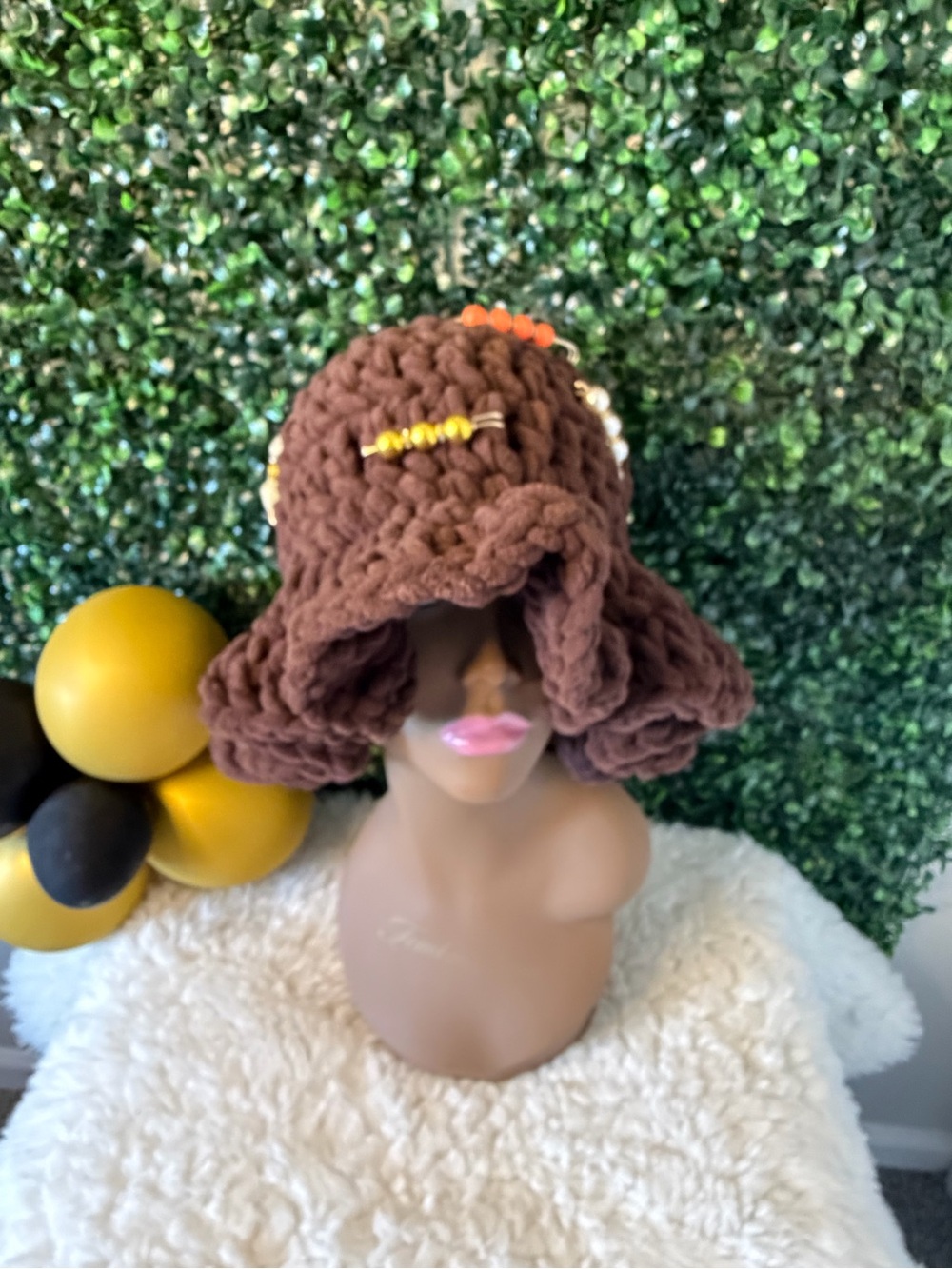 Handmade Brown Crochet 
Bucket Hat with Colorful Bead Detail